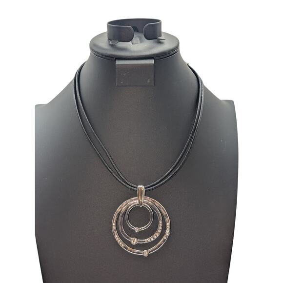 Chico's NWT Black Corded Hammered Silver Tone Rhinestone Circle Pendant Necklace - Picture 5 of 6